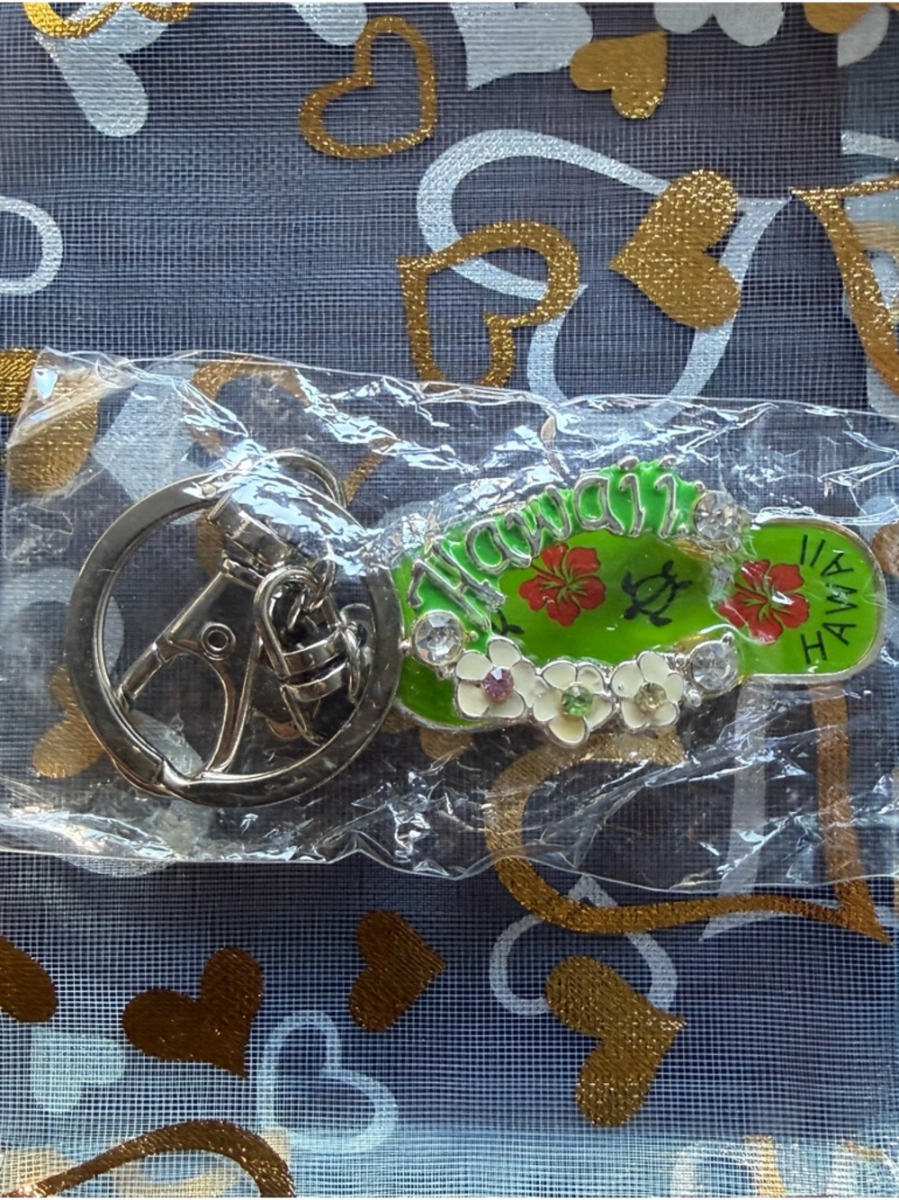 Hawaii Green Flip-Flop Keychain with Floral Accents